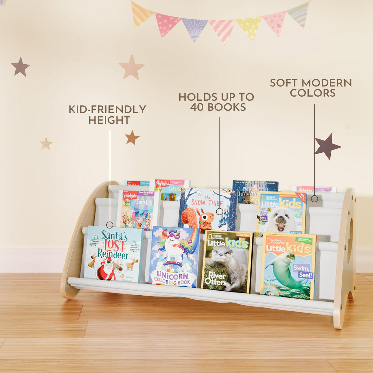 yoopin Kids Bookshelf, 4-Tier Montessori Book Shelf for Kids Rooms, Easy Installation, Eco-Friendly Wooden Storage Organizer,28.7” x 15.7” x 13.6” Natural/White