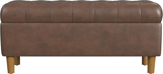 Homepop Home Decor | Tufted Ainsley Button Storage Ottoman Bench with Hinged Lid | Ottoman Bench with Storage for Living Room & Bedroom, Brown Faux Leather
