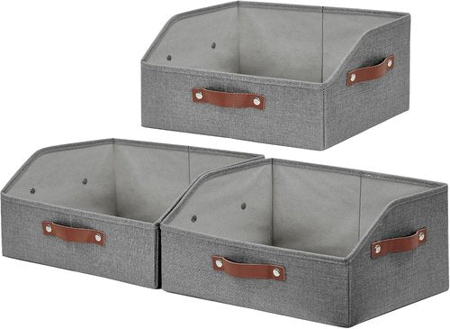 Bagnizer Closet Organizers - Linen Trapezoid Storage Bins with Handles | Collapsible Gray Shelf Organizer for Blankets, Towels, and More