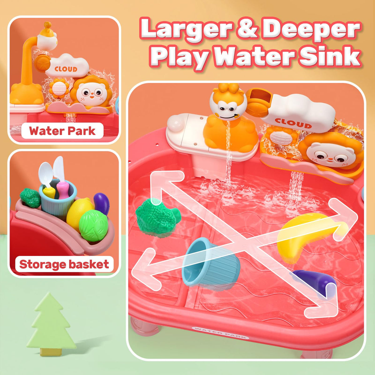 HOLYFUN Play Kitchen Sink with Running Water, Water Table Toy, Sink Toy with Functional Faucet, Play Food, Pots & Pans Kitchen Accessories, Realistic Pretend Play Gift Set for Toddlers and Kids (Pink)