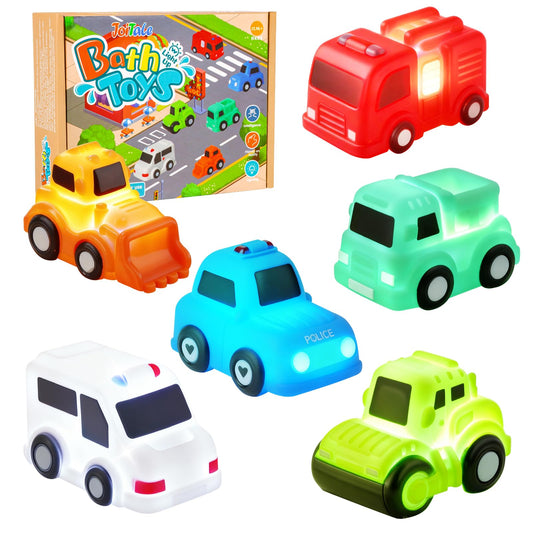 Baby Bath Toys, 6 Pack Light Up Cars Bath Toys, No Hole No Mould Bathtub Toy for 1 2 3 Year Olds, Flashing LED Sensory Toy for Toddlers, Bath Time Shower Gifts for Boys and Girls