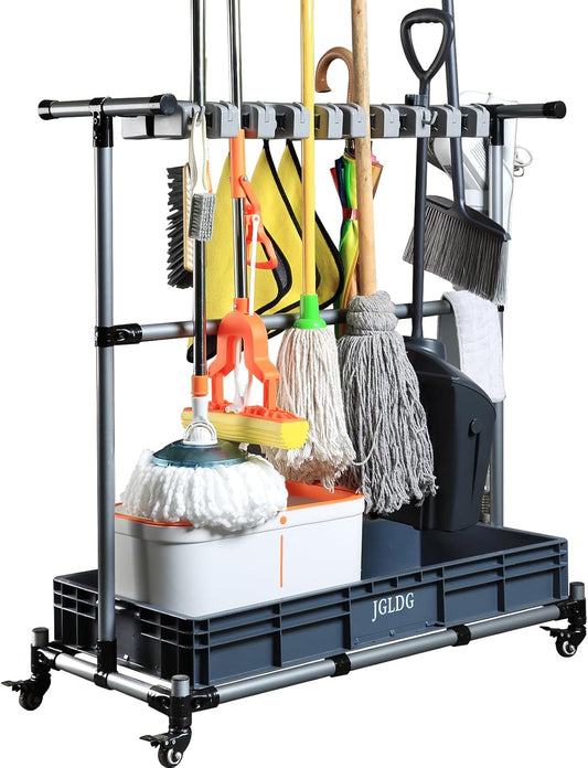 Skiennix Mop and Broom Holder with Wheels - Effortlessly Organize Your Cleaning Tools (Large)