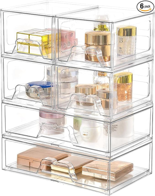 Stebopum 6 Pack Stackable Storage Drawers Clear Acrylic Organizer Makeup Bathroom Organizer and Storage Bins for Beauty Supplies,Ideal for Vanity, Bathroom,Pantry Organization
