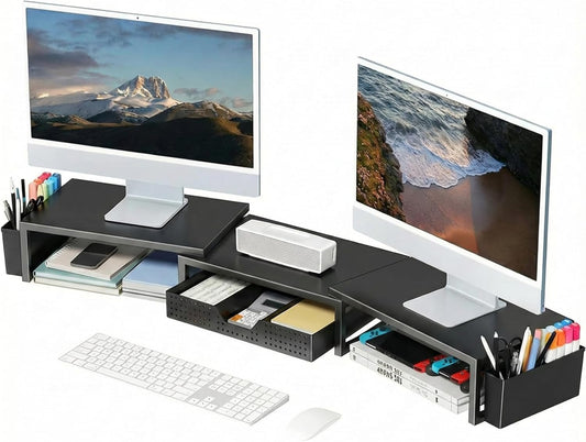 2 OPNICE Desk Organizers and Accessories, Dual Monitor Stand Riser with Drawer and Pen Holders, Desk Shelf Metal