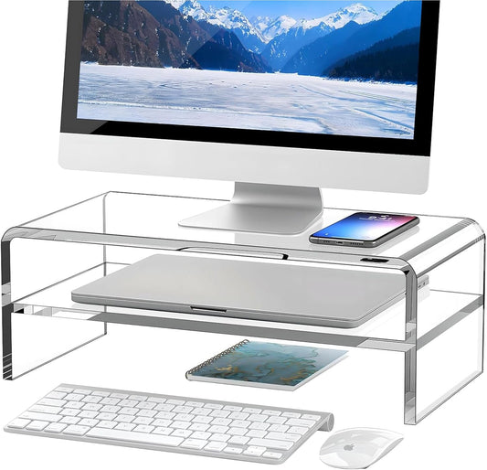 2 5.12 Inches Egchi Clear Acrylic Monitor Stand Riser Tier, High Clear Computer Desk Organizer Shelf for Multi Media PC