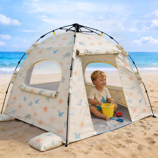 Baby Beach Tent Pop Up Sun Shelter with UPF 50+ UV Protection, Silver-Coated Interior, Breathable Mesh Ventilation, Easy Setup, Wind-Stable Beach Shade for Infants & Toddlers