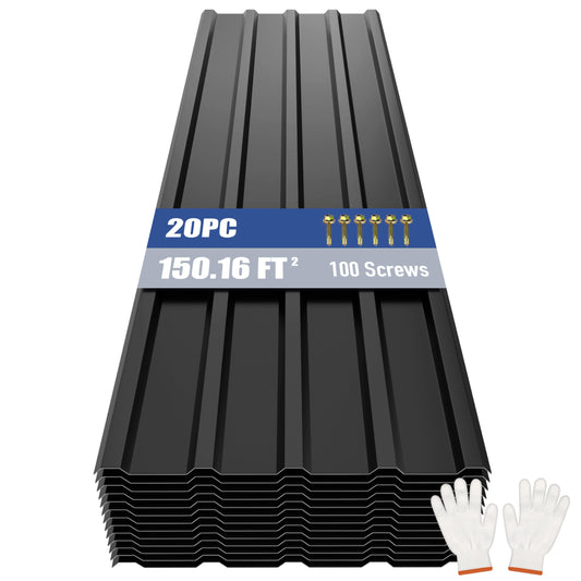 Brakki Metal Roofing Panels 20pcs 150 ft², L61.02"xW17.72" Black Corrugated Galvanized Steel Roof Panels with Screw, Heavy Duty Metal Siding Suitable for Garages Chicken Coop Sheds Stables Patio