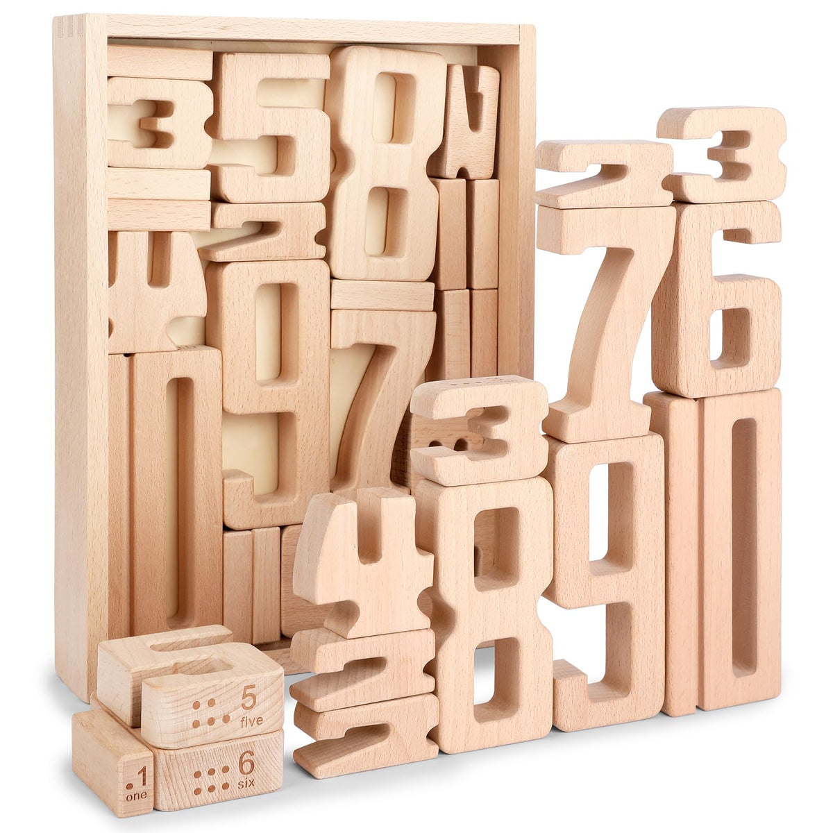 Lasoba Wooden Number Building Blocks, Large Digit Blocks 1-10, 32 Pcs Math Blocks Number Toys for Kids, Educational Blocks for Toddlers, Toys to Learn Numbers for 3 Year Olds +