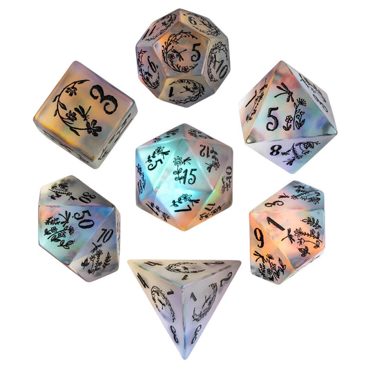 UDIXI Frosted Prism Glass Dice Set D&D RPG Dice Set with Leather Gift Box for Role Playing Games(Dragonfly and Flower)