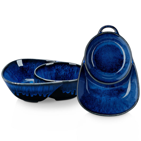 vancasso Starry Chip and Dip Bowl, Anti-Soggy Cereal Bowl, Soup and Sandwich Plate Combo, Breakfast Powls, Divided Snack Bowls Gifts for Wedding Housewarming Party, 2 Pack(Blue)