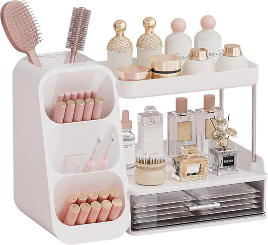 UFORU Makeup Organizer for Vanity with Brush Holder, 2 Tiers Countertop Skincare, Cologne Organizer and Perfume Stand for Bathroom Vanity, Large Capacity Makeup Storage, White