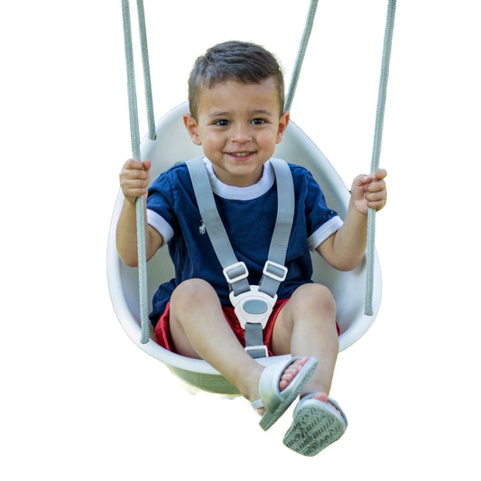 Swurfer Coconut Toddler Swing Comfy Baby Outdoor, 3- Point Adjustable Safety Harness, Secure, Safe Quick Locking System, Blister-Free Rope, Easy Installation, Ages 9 Months and Up, Ivo, White