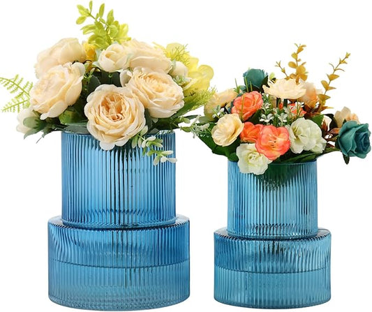 Ribbed Glass Vases for Bouquet, Set of 2 Blue Vases for Flowers, Blue Glass Vase for Tulips, Modern Vase for Living Room, Office, Coffe Table, Dining Table, Shelf, Wedding