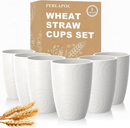 Wheat Straw Cups 6 PCS, Unbreakable 16 OZ Tumbler Set, Lightweight Glass Cups with Unique Pattern, Reusable Alternative to Plastic Cups, Dishwasher Safe Tumbler for Kitchen, Camping, White