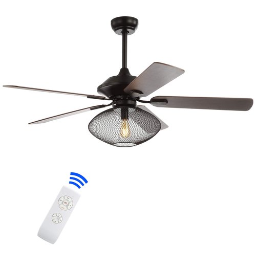 JONATHAN Y 52" Black 1-Light Iron Ceiling Fan with Remote, Mid-Century Modern Orb Cage Light, 5 Reversible Wood Blades for Living Room, ETL Listed, LED Bulb Included JYL9605A