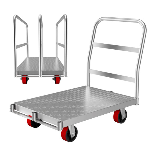 2-in-1 Heavy Duty Panel Truck Cart, 36 in x 24 in All Steel Platform Truck with 1Front & 2 Side Handrails, 2200 LBS Cart with 4 Rubber Swivel Casters for Loading and Storage, 6 Holes