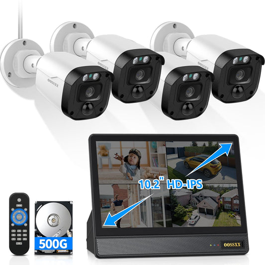 3K 5MP Wired CCTV Security Camera System with 122° Ultra Wide Angle, 4CH DVR with Monitor, 4X IP66 Indoor Outdoor Cameras, 65ft IR Night Vision, Free App, No Subscription Fee, Remote Access