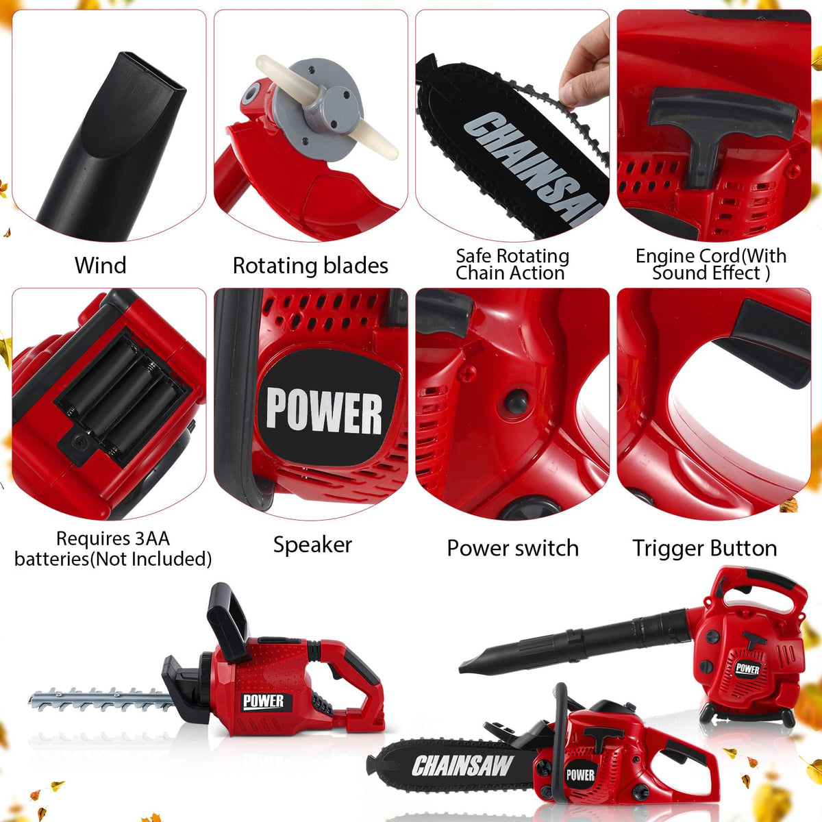 Arrowbash 3-in-1 Kids Gardening Toy Set, Toy Leaf Blower & Chainsaw & Kids Hedge Trimmer with Realistic Sound, Outdoor Backyard Play Educational Learning Birthday Summer Gift for 3-8 Boys Girls