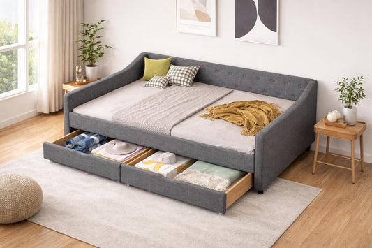 Ball & Cast Full Size Daybed with Two Storage Drawers,Linen Upholstered Day Bed Frame with Button Tufted and Waved Shape Arms, Wood Slat Support,No Box Spring Needed,Dark Grey