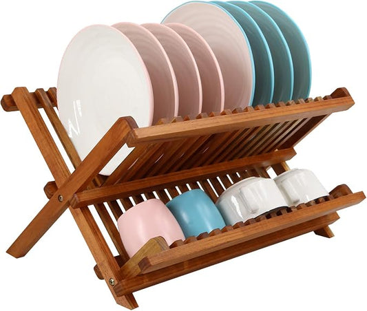 Utoplike Teak Dish Drainer Rack Collapsible 2 Tier Dish Rack Dish Drying Rack Foldable Plate Organizer Holder for Kitchen Compact Countertop