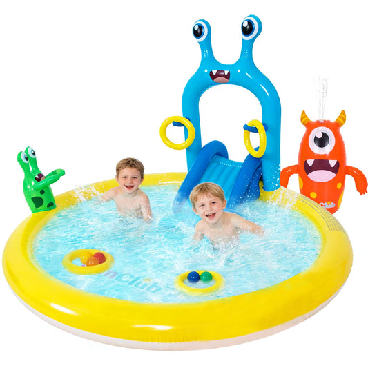 Inflatable Splash Pad for Kids - Monster Spray Inflatable Play Center Kiddie Pool with Slide Sprinkler Toss Rings & Balls, 70"x67"x54" Fun Outdoor Water Toy for Summer Backyard Seaside