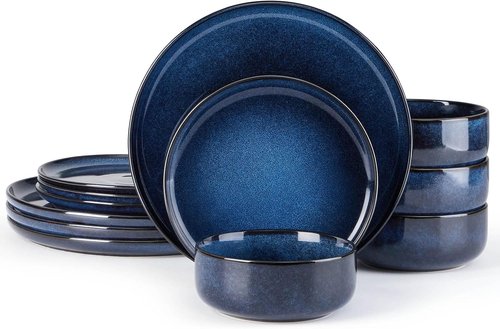 E-far Dinnerware Set - 12-Piece Stoneware Plates & Bowls for 4 | Microwave & Dishwasher Safe - Deep Sea Blue