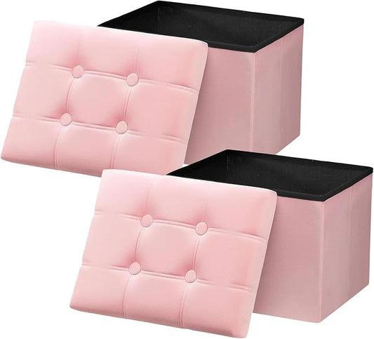 AmasSmile 2PC Storage Ottoman Foot Rest Stool, 17 inch Velvet Footstool Bench, Short Ottomans Stool, Small Folding Storage Ottoman Store Books, Records, Pink