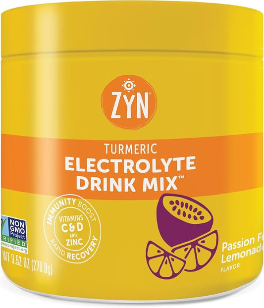 ZYN Electrolyte Hydration Drink Mix (30 Servings), Passionfruit Lemonade Electrolytes Powder, Hydrating Formula w/Turmeric Curcumin, Vitamin C & D, Zinc, Electrolyte Support Drink Mix