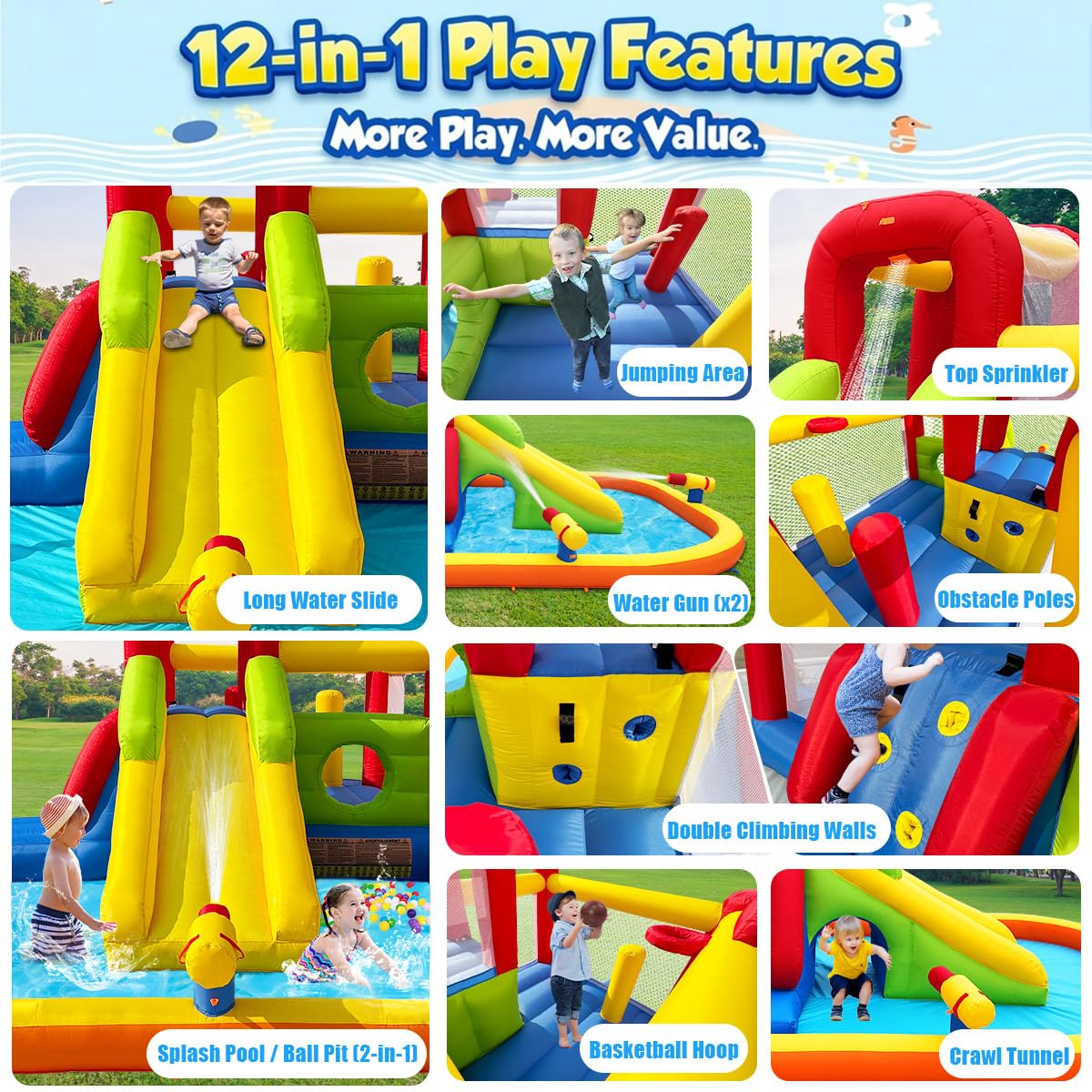 Hongcoral Inflatable Water Slide Bounce House for Kids, 12-In-1 Water Park with Splash Pool, Double Cannons, 2 Climbing Walls, Tunnel, Obstacles, Blow Up Jumping Castle With Blower