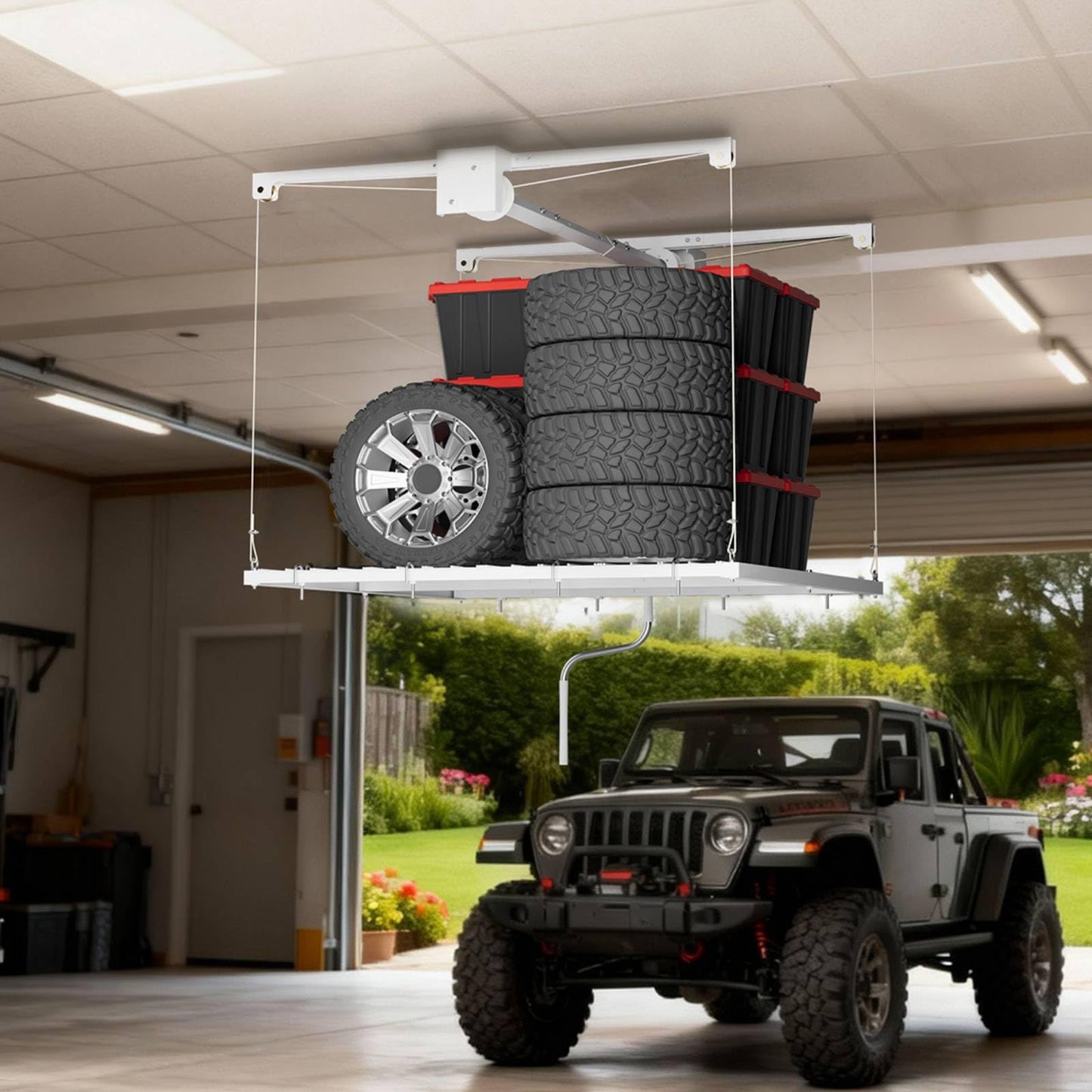 OUTLANE Heavy Duty Overhead Garage Storage Rack Lift, 4x4 ft Ceiling Mount Storage Rack with Hand Crank & Power Drill Compatibility, 350 Lbs Capacity, Adjustable Height Up to 79 in, Double Rope Safety