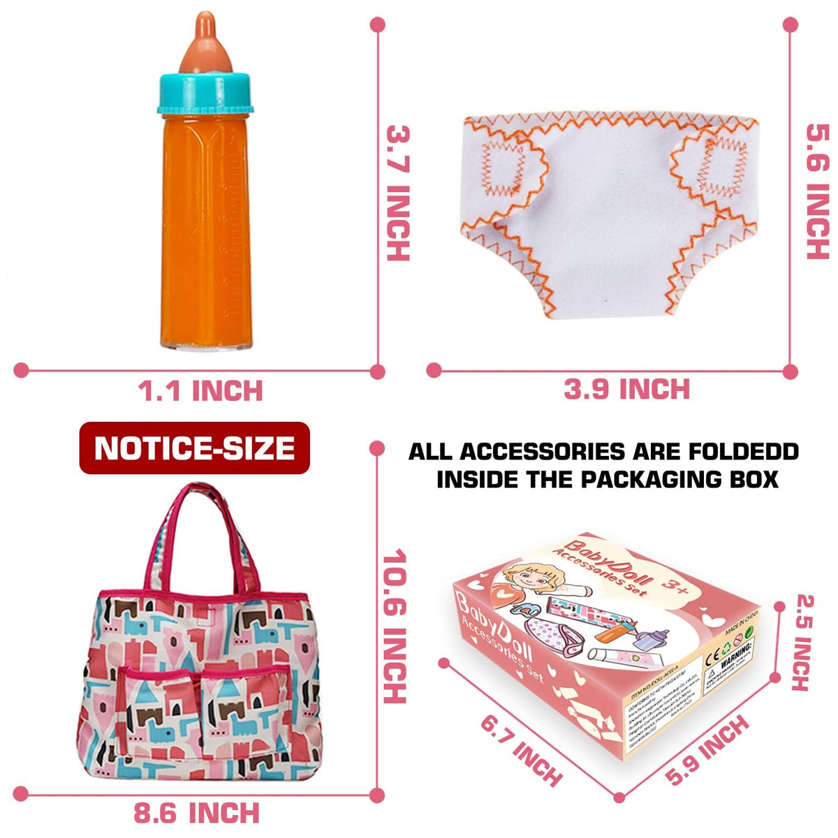 14 Pack Baby Doll Accessories, Baby Doll Feeding and Caring Set Includes Diaper Bag, Doll Diapers, Magic Bottle, Changing Mat for Girl Toddler Kid, Babies Pretend Play Set for Birthday Gift Christmas