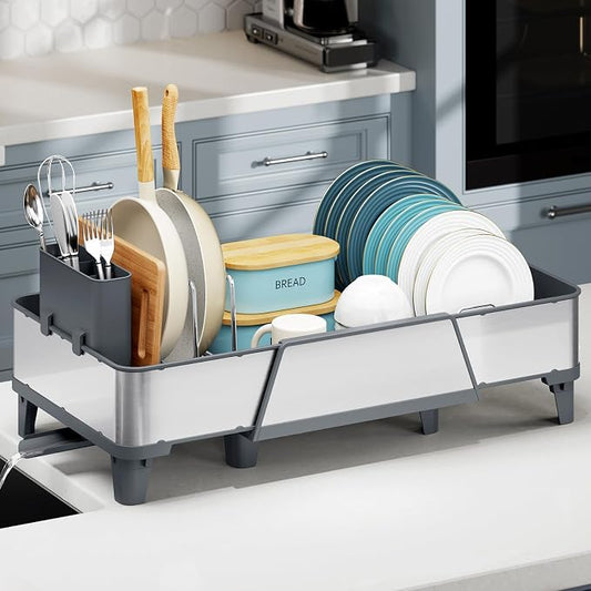 Urackify Large Dish Drying Rack - Triple Expandable Dish Rack for Kitchen Counter, Stainless Steel Sink Organization and Storage Essentials with Utensil & Pans Holder for Home and Appartment, Gray