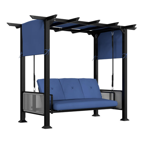 BlueWish 3-Seat Porch Swing, Outdoor Metal Pergola Swing Bed Hanging Cloud Swing Chair with Adjustable Curtains, Patio Hammock Swinging with Cushion for Porch, Backyard, Garden, Blue