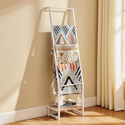 DGWJSU Blanket Ladder, 5 Tier Ladder Shelf,Wooden Blanket Ladders for Living Room and Bedroom, 5.2ft Blanket Holder Rack Farmhouse Ladder Rack for Storage and Home Decor (White)