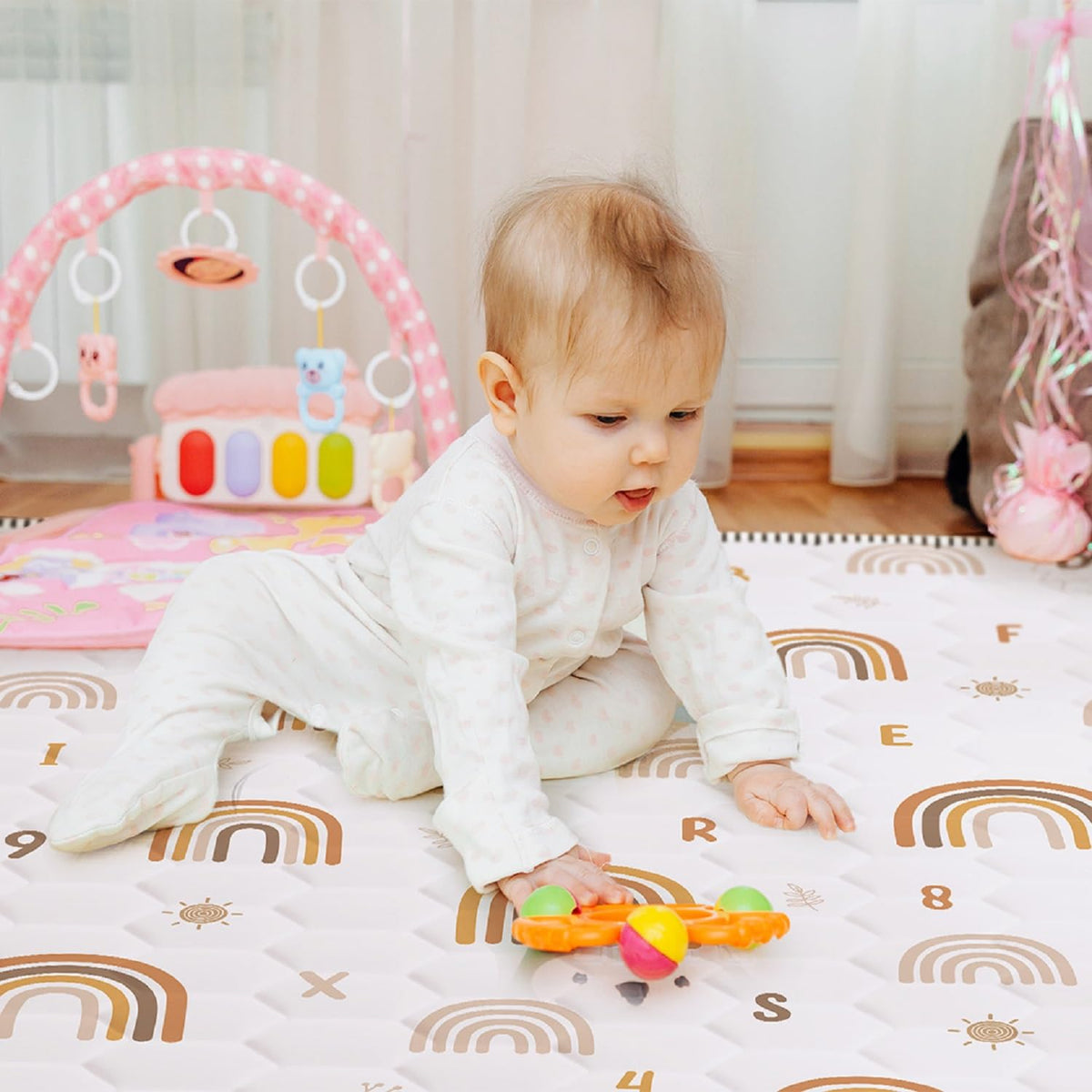 Boho Rainbow Baby Play Mat 50" X 50" Playpen Mat Thicken One-Piece Baby Crawling Mat Non-Slip Cushioned Baby Floor Mat Activity Playmats for Infants, Babies, Toddlers (50X50, Letters+Number)