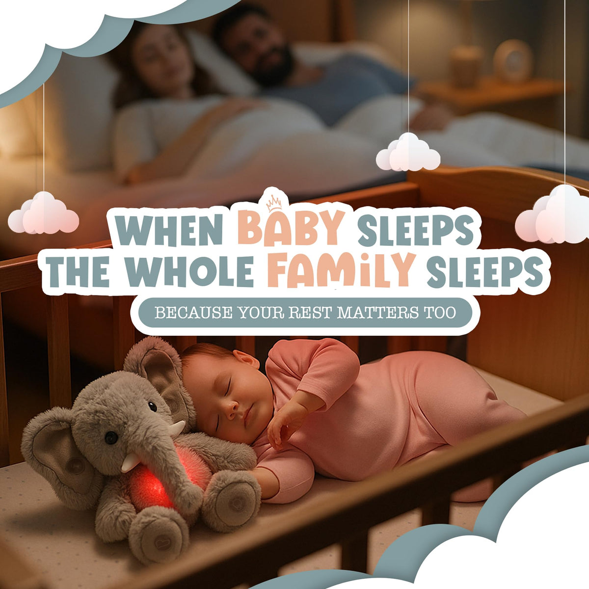 Gemma Joy Baby Sleep Soother Elephant for Baby – Cry Activated Heartbeat Stuffed Animal – Rechargeable Crib Soother with White Noise, Shush, Lullabies & Night Light – The for Newborns