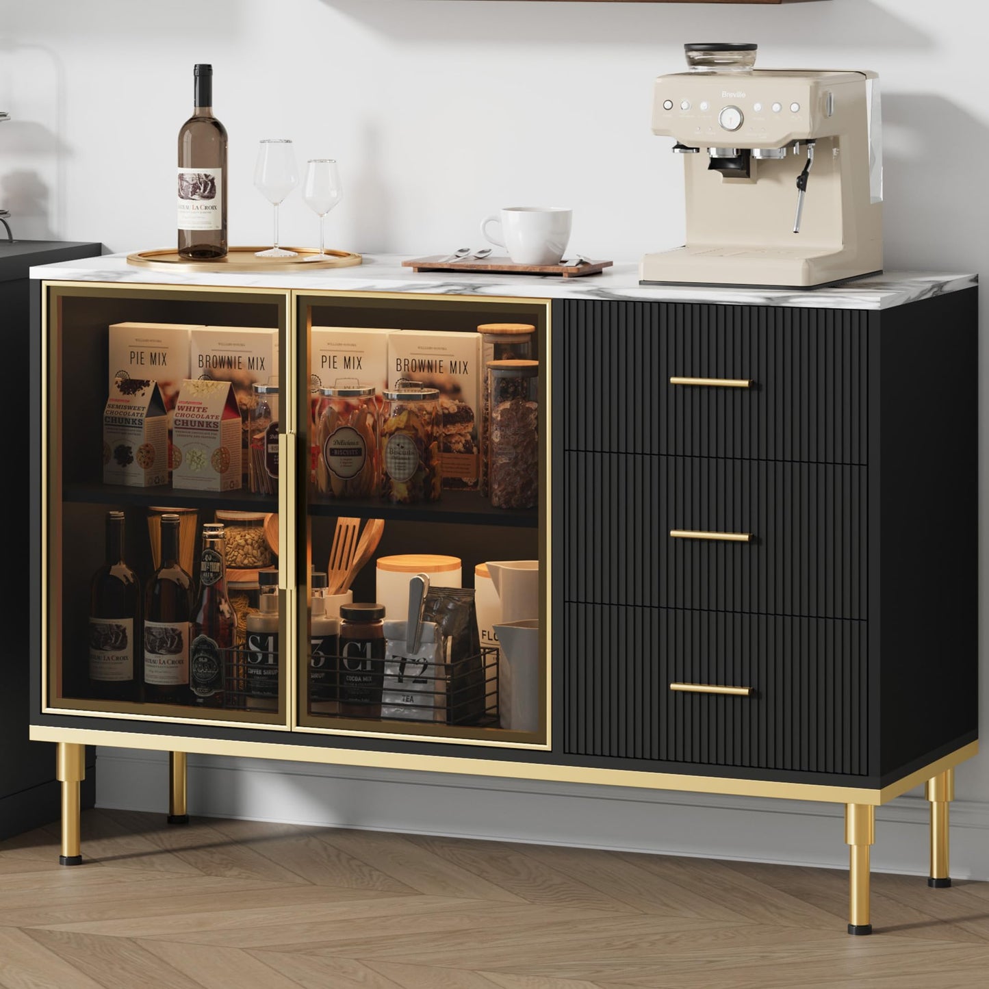 GAOMON Buffet Sideboard Cabinet with Storage, 46.4" Large Fluted Kitchen Sideboard Cabinet with 2 Glass Doors 3 Drawers and Shelves, Faux Marble Top Buffet Table for Dining Room, Living Room, Black