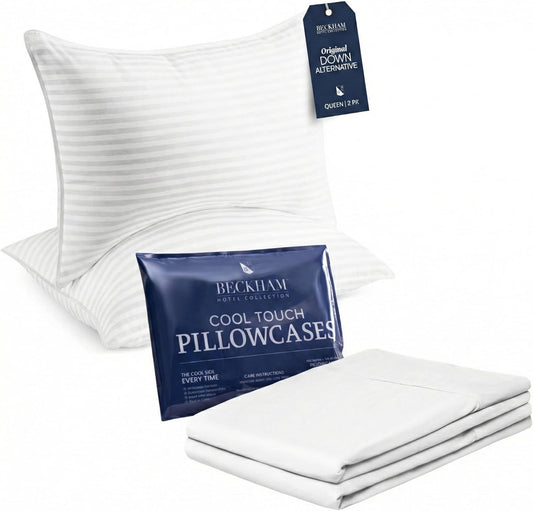 Beckham Hotel Collection Bed Pillows - Soft Down Alternative with Cooling Pillowcases | Queen Size Set of 2, White