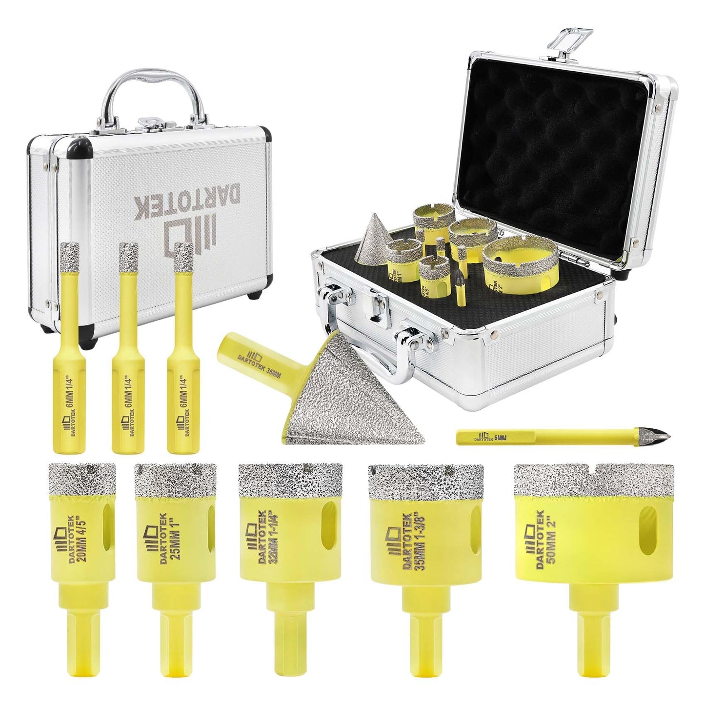 Diamond Core Drill Bits Set 10PCS - DARTOTEK Tile Hole Saw Kit (6/6/6/20/25/32/35/50mm/1 3/8"/6mm for Porcelain, Ceramic Tile, Granite, Marble, Masonry