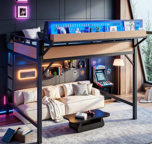 Bellemave Queen Size Loft Bed with Ladder and Storage Shelves and Storage Shelves and Pegboard, Metal Loft Bed Frame with USB Ports and LED Lights for Adults, Kids, Teens, Black