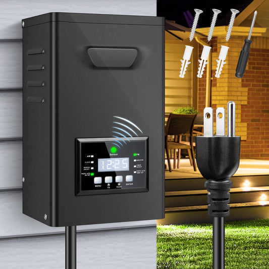 500W Low Voltage Landscape Transformer, Landscape Lighting Transformer with Timer and photocell Sensor, 120V AC to 12V/14V AC Outdoor Weatherproof Low Voltage Transformers for Landscape Lighting
