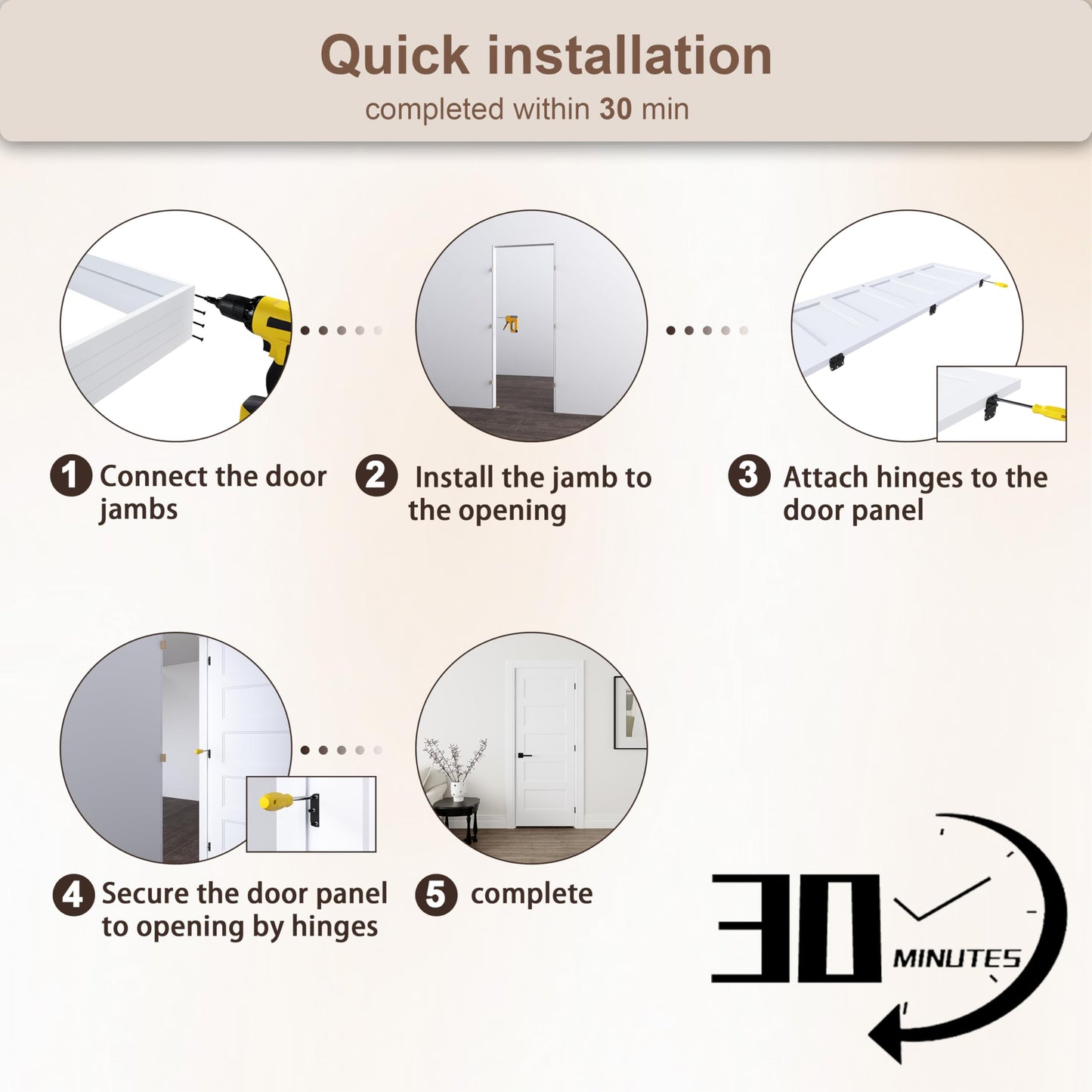 JUBEST 32"x80" Right-Hand Prehung Interior Door with Knock Down Jamb Kit & Matte Black Hinges, 5-Panel White Primed Hollow Core Molded Door Slab with Bore & Hinge Cutout, Durable & Sturdy, No Handle