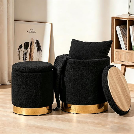 Round Ottoman with Storage Set of 2 Vanity Stool Foot Rest with Removable Lid for Bedroom Black Sherpa Storage Ottoman Stool for Living Room and Dorm Space Saving Assembly Free(Sherpa Black)