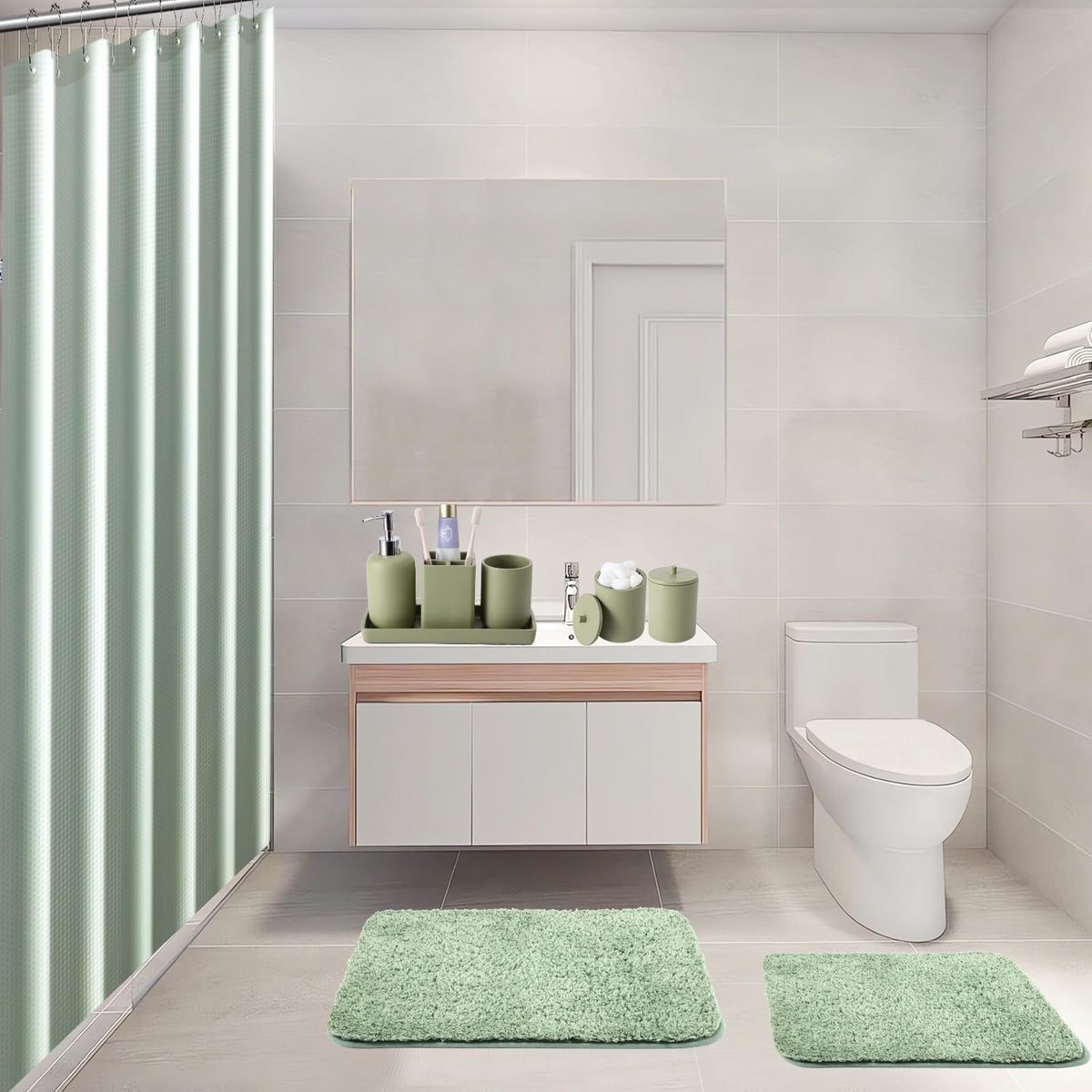 Sage Green Bathroom Accessories Set with Shower Curtain and Mats, 21 Pcs Resin Toothbrush Holder Sets with Holder and Lotion Soap Dispenser,Bathroom Countertop Organizer Set for Home Apartment