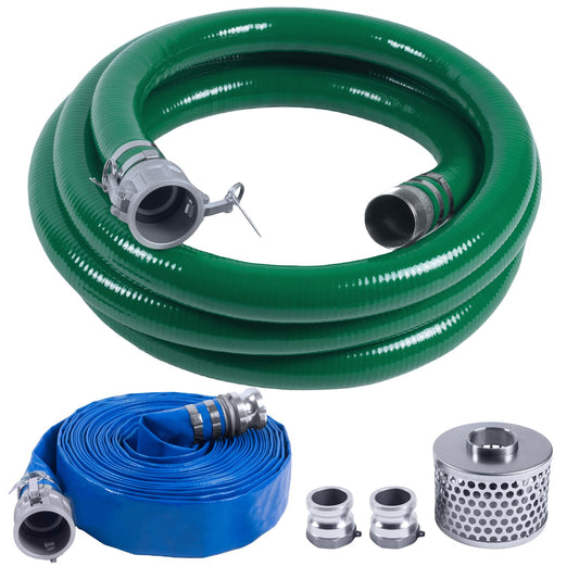 3 Inch Discharge Hose Pump Kit Includes 3" x 65' Blue PVC Lay-Flat Backwash Hose & 3" x 20' Green PVC Suction Hose & Steel Round Hole Suction Strainer & Cam and Groove Adapter, water/trash pump