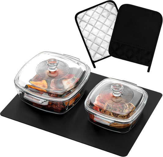 Teenyyou Glass Casserole Dish Set - 2 Pcs with Lid, Baking Gloves & Heat Resistant Mat | 1.5L & 0.8L