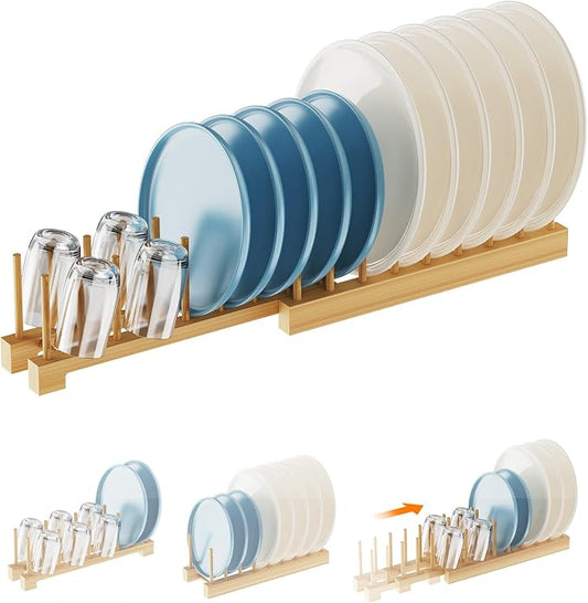 Dish Rack, Flexible Bamboo Dish Drying Rack Pot Lid Plate Stand Holder Adjustable Vertical Organizer Storage for Kitchen Cabinet Dish, Pot Lid, Bowl, Cup