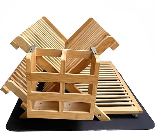 Bamboo Dish Drying Rack with Utensil Holder & Absorbent Dish Drying Mat|3Tier Collapsible Wooden Dish Rack for Kitchen Countertop|Large Foldable Dish Drainer|Kitchen Organizer for Plates Cups utensils