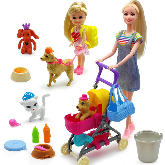 Dolls & Accessories Playset with Doll Transforming Stroller Dog Pet for Girls Ages 3-5-7-12 Birthday Gifts