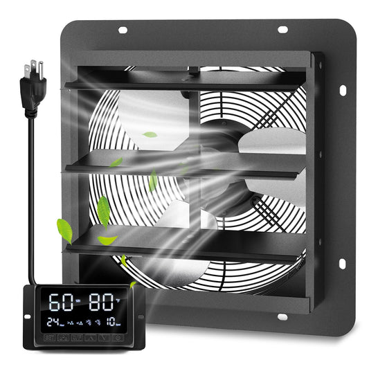 12" Wall Mounted Shutter Exhaust Fan with Thermostat - Temperature Humidity Controller, EC Motor, Aluminum Auto Shutter Ventilation Fan, Attic Vent Fan, Coops, Greenhouse, Barn, Shed Ventilator
